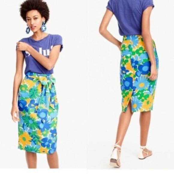 J Crew G4334 EUC sz 12P Tie Waist Puckered Morning Floral Pencil Bow Front Skirt - Picture 2 of 11